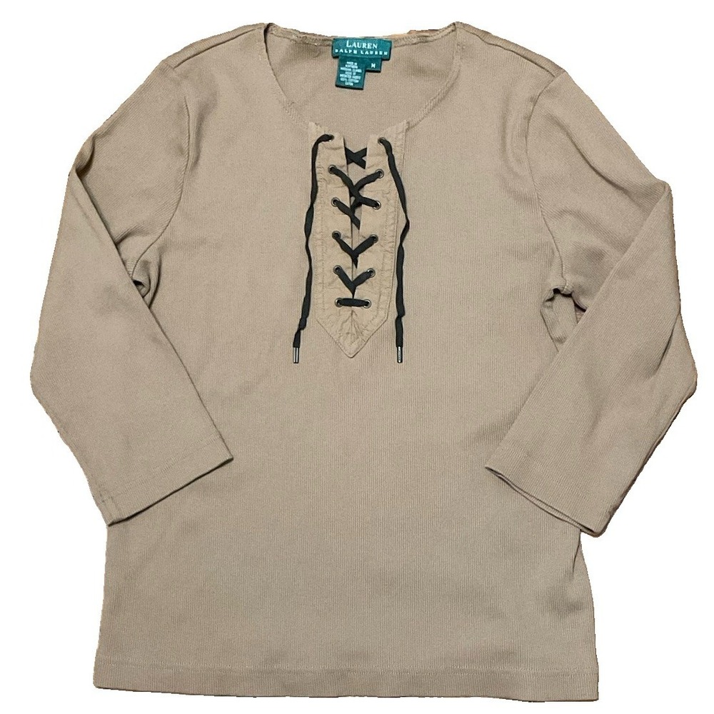 Lauren Ralph Lauren Shirt Womens M Tan Ribbed Lace Up Neckline Cotton Natural